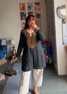 Black Kurta with Embellished Neckline
