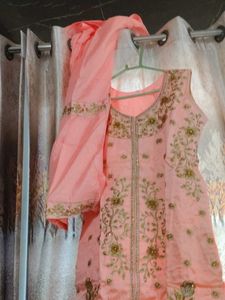 Peach Embroidered Kurta Set with Dupatta