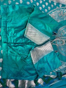Teal Silk Saree with Silver Border