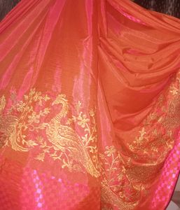 Elegant Pink Silk Saree with Peacock Embroidery