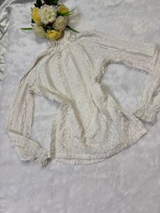 White Textured Mock Neck Long Sleeve Top