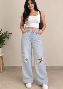 freakins Light Wash Ripped Wide Leg Jeans