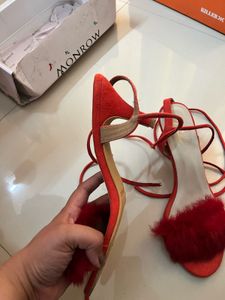 Red Lace-Up Heels with Fur Accent