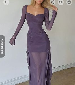 Elegant Ruched Sheer Ruffle Maxi Dress