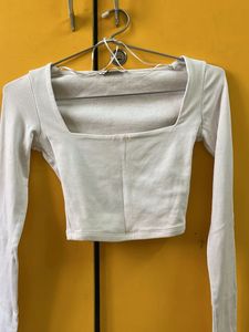White Long Sleeve Square Neck Crop Top