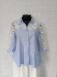 Sheer Lace Sleeve Baby Blue Button-Up Shirt