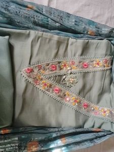Green Embroidered Dress Material Set