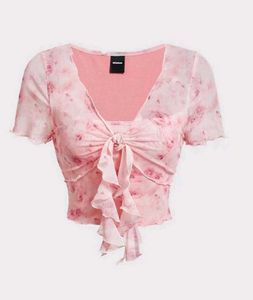 Pink Floral Mesh Tie-Front Top