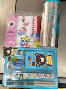 combo offer on stainless steel water bottle for kids pencil set and ladis handkerchief but am not using it it's new product's