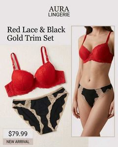 Red Lace Bra & Black Panty Set 90cm