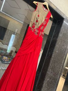Stunning Red &amp; Gold Embroidered draped ethnic gown