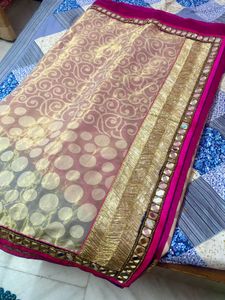 Elegant Saree with mirror work Pink Border