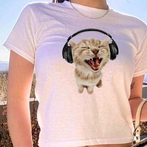 H&M Cat Cropped Graphic T-Shirt