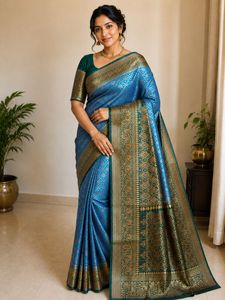 Blue Silk Saree with Gold Border