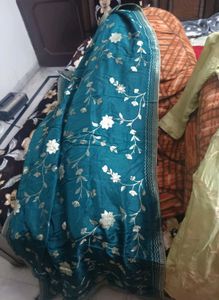 Elegant Teal Dupatta with Gold Floral Print