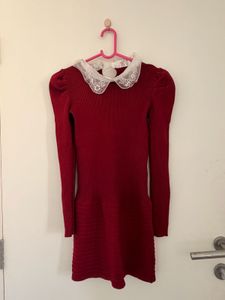 maroon Knit Dress with Lace Collar