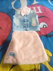Sparkly Denim Vest with Fur Collar