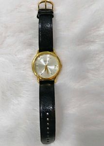 Sonata Gold Dial Watch with Black Leather Strap
