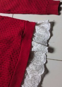 Red Knit Sweater with Lace Detail