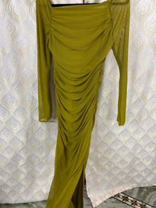 Olive Ruched Mesh Midi Dress