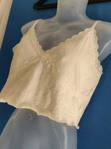 H&amp;M Cream Ribbed Lace Trim Camisole Top