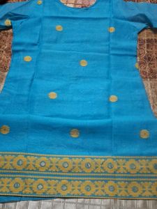 Blue cotton jamdani Kurta with Yellow Embroidery