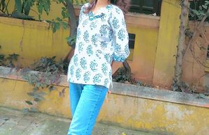 White &amp; Blue Block Print Kurta