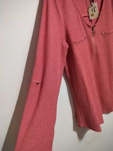 Women's Pink Textured Zip-Up Top