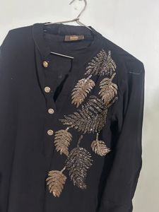 Elegant Black Kurti with Leaf Detail
