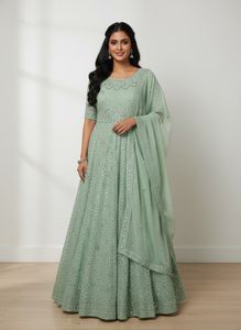 festive special mirror work long gown full sleeves