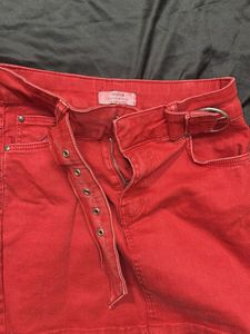 Red Denim Mini Skirt with Belt