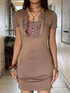 Women's Brown Ruffled Neck Dress