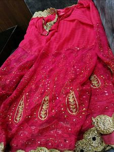 Vibrant Pink Embroidered Saree with Gold Border