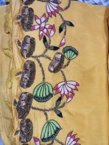 Yellow Embroidered Saree With Green Blouse