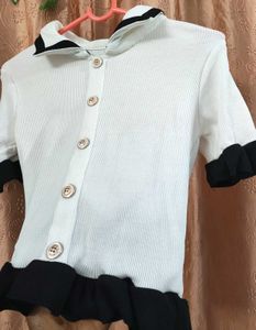 Cute Ruffle Trim Pearl Button Top