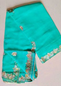 Elegant Turquoise Sea Green Georgette Saree with U