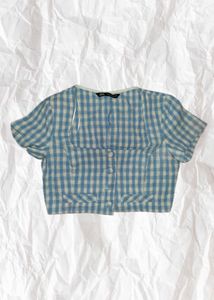 Blue Gingham Cropped Top square neck