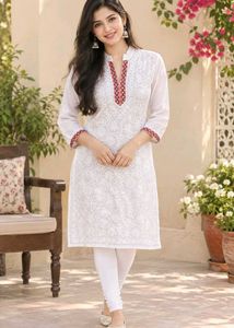 🩷🤍 Chikankari White Kurti with Pink Work