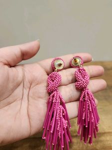 Pink Beaded Tassel Statement Earrings