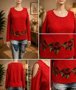 Red Cold Shoulder Embellished Top