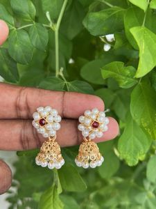 Elegant Pearl &amp; Ruby Jhumka Earrings