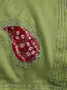 Elegant Lime Green Saree with Red Bandhani Border