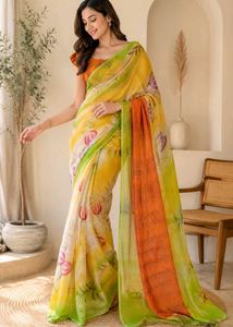Yellow Floral Print Saree
