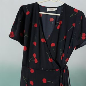 Chic Cherry Print Wrap Dress