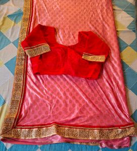 Pink Saree with Red stitched Blouse