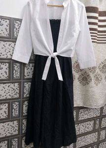 Chic Black Dress with White Tie-Front Shrug