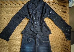Sparkling Black Lace Blouse with Jeans