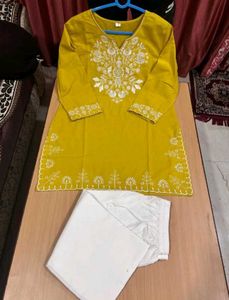 Embroidery Yellow Cotton Kurta Set with Palazzo Pa