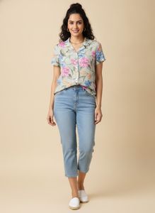Floral Print Short Sleeve Button-Up Top