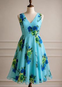 Blue Floral V-Neck Summer Dress with belt